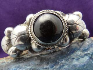 Vintage Early Mexican Onyx Cabochon Silver Frog Bracelet 