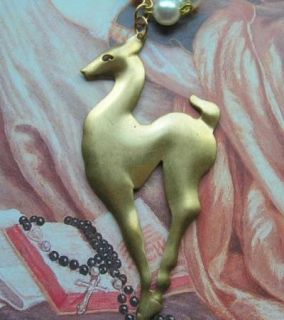 Art Deco Gazelle Stylized Deer Vintage Brass Faux Pearl Necklace
