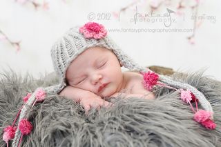 Handmade Crochet Ear Flap Hat Pom Pom Flower Baby Newborn Photography
