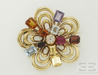  18K Yellow Gold Rose Cut Diamond Gemstone Brooch Circa 1940S