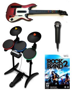 Nintendo Wii Rock Band 2 Wireless Guitar Drums Game Mic Bundle Set Kit