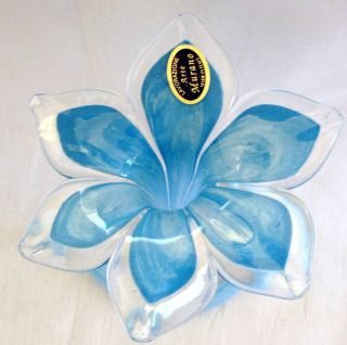 Art Glass Murano Blue 6 Petal Flower Vase Decor Italy