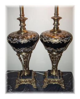  Vintage / Antique MARBLE & GLASS LAMPS Black & Gold Hollywood Regency