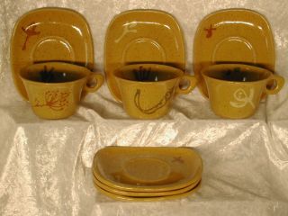 Glidden Pottery Alfred Stoneware Vintage Antique Cups Saucers