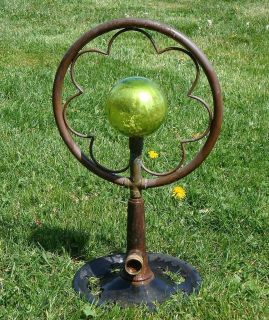 Vintage Copper Rotating Lawn Sprinkler & Green Glass Ball & Cast Iron
