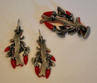 SUPERB VICTORIAN REPRO SILVER AND FAUX CORAL BRANCH SET PIN + LONG