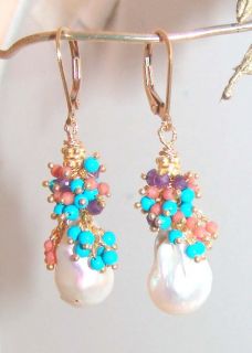 14k Gold Leverback GF Baroque South Sea Pearl Coral Turquoise Earrings