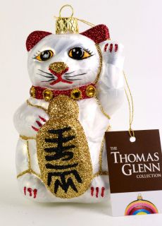Thomas Glenn White Chinese Lucky Cat Glass Christmas Ornament NEW Made