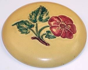 Huge Vtg Celluloid Ivorine Bubble Button Painted Red Green Wild Rose