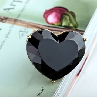 Antique Gold Plated Large Acrylic Heart Cocktail Ring Black