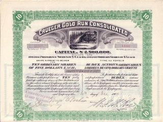 Crueger Gold Run Consolidated 1905 Stock Certificate