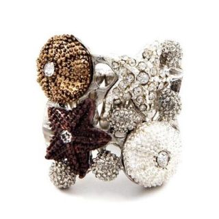 Sea Life Stretch Ring Starfish Shells Clear Crystals Gold Silver Tone