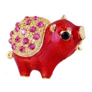 1P Lovely Pig Red Gold Plating Alloy Pin Brooch with Rhinestone Free