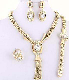 Royal Gold Plated Necklace, Bracelet, Earring & Ring Set w/ Rhinestone