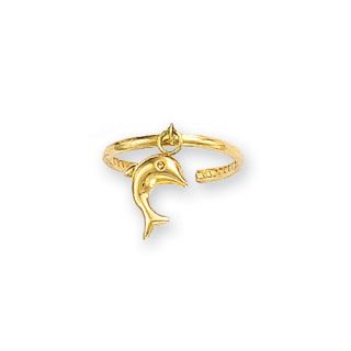 Adjustable Dangling Dolphin Toe Ring 14k Yellow Gold