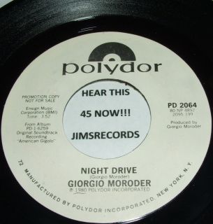 Giorgio Moroder Night Drive Euro Disco American Gigolo 1980 Promo 45