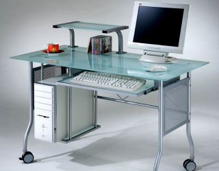 Glass Top Computer Desk Home Office Metal Contemporary Modern Frosted
