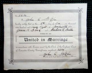 1928 Antique Marriage Cert Lancaster PA Glick Beiler