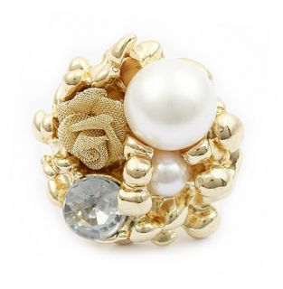 Gold GP Pearl Crystal Filigree Adjustable Rose Ring