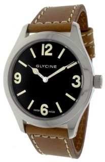 Glycine Stainless Steel Incursore 44mm Brown Leather Black Dial Mens