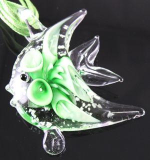 Green flower Aquarium fish Murano Lampwork Glass Pendant Ribbon