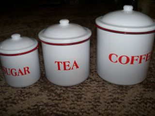 Vintage Set of 3 White Metal Enamel Canisters Coffee Tea and Sugar