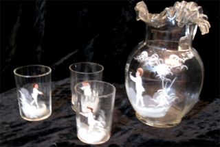 Mary Gregory Glass Pitcher and Three Glasses