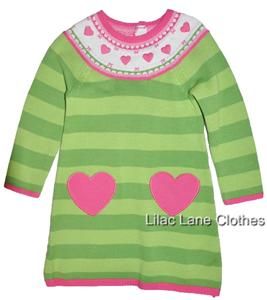 Gymboree Loveable Giraffe Green Striped Sweater Dress Pink Hearts NWT
