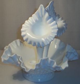 Fenton White Milk Glass Hobnail Epergne with Two Trumpets or Horns