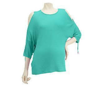 LOGO by Lori Goldstein Cold Shoulder Knit Top with Ruching GREEN