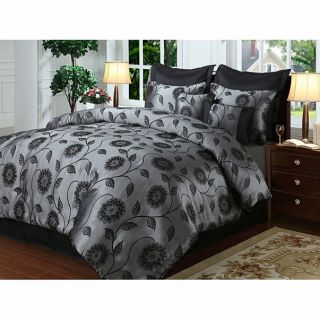 8PC Gray Black Jacobean Style Floral Design Comforter Set Cal King