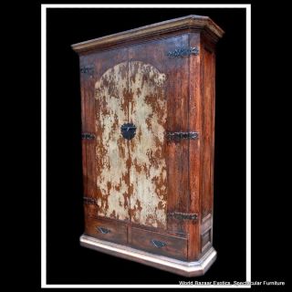 83 Tall cabinet Peruvian colonial painted antiqued finish hardware