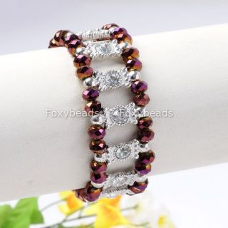 Purple Crystal Glass Rhinestone Bead Cuff Bracelet 7L