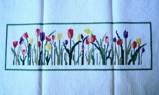 COMPLETED COUNTED CROSS STITCH COLORFUL ROW OF TULIPS FINISHED PIECE