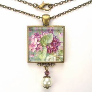  Posy Art Glass Pendant Brass Necklace Vintage Charm Jewelry