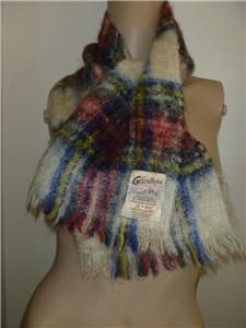 Vtg 50s 60s Tartan Plaid Furry Fuzzy Mohair Scotland Wool Neck Fringe