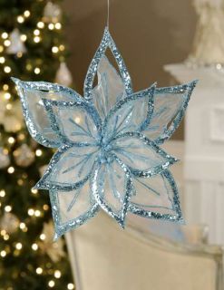 New XL Blue Glittered Poinsettia Fabric Ornament Christmas Decoration