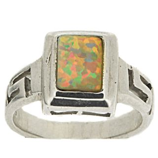 Sterling Silver Synthetic White Opal Greek Key Ring