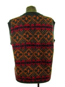 Mens Green Fair Isle Iceland Fuzzy Wool V Neck Sweater Vest Pullover