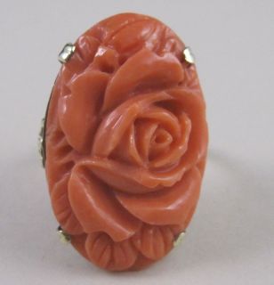 Vintage Carved Coral Ring 14k Gold Rose Design Size 8