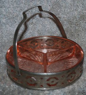 Pink Depression Glass Divided Dish Metal Accent Basket