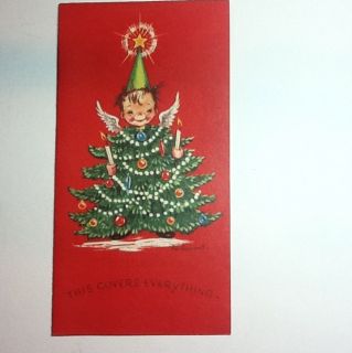 Vintage Eve Rockwell Xmas Greeting Card Angels Wearing Holiday Tree