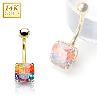 14k Solid Gold Belly Navel Ring Body Jewelry Square Gem