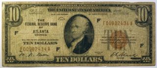 1929 $10 Federal Reserve Bank Note Atlanta GA Paper Money