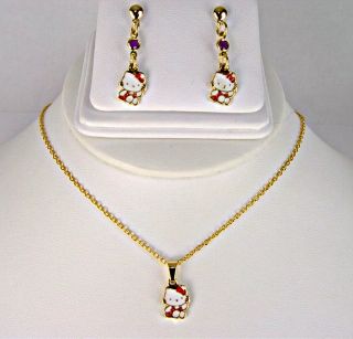 Set Gold 18K GF Hello Kitty Earrings Necklace Red Charm Girl