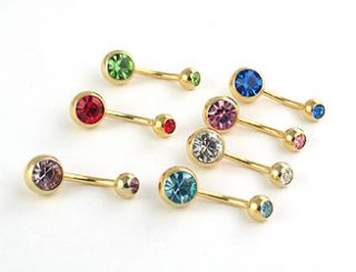 You will receive 7 18K Gold plated Belly rings in the crystal colors