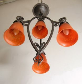 Delatte Signed French 1925 Art Deco Chandelier Wrought Iron Lamp Lampe