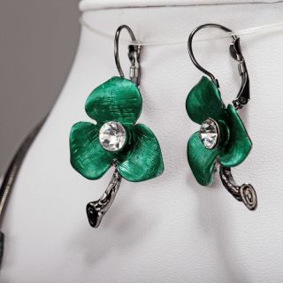  Rhinestone Metallic Green Flower Necklace Earrings Jewelry Set