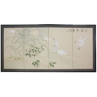 Oriental Furniture Cranes in Full Moon Silk Screen with Bracket