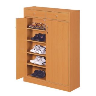 Brick Modern Five Shelf Shoe Cabinet with Two Drawer in Beech